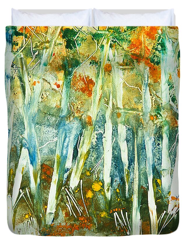 Aspen Duvet Cover featuring the painting Aspen Fall Time by Sherry Harradence