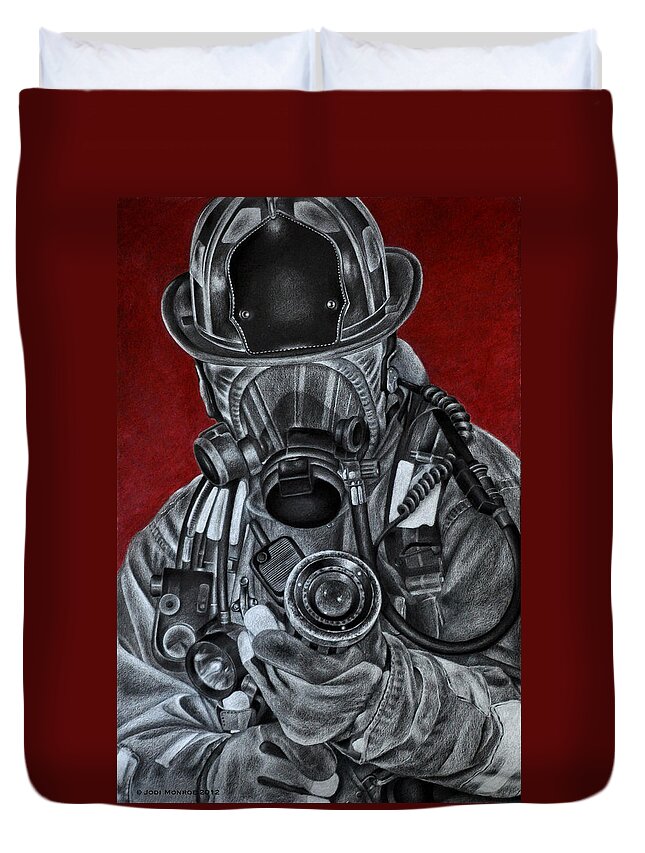 Firefighter Duvet Cover featuring the drawing Assault by Jodi Monroe