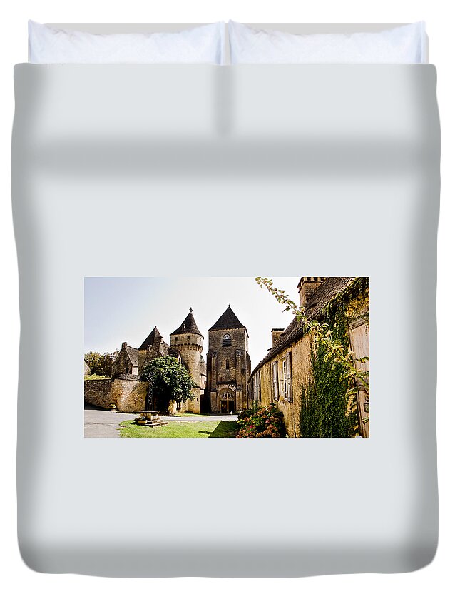 Saint Genies Duvet Cover featuring the photograph Asymmetric Tower and church of Saint Genies Perigord by Weston Westmoreland