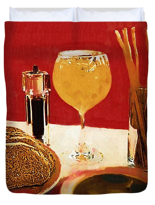 Wine Duvet Cover featuring the painting At Our Italian Restaurant by RC DeWinter