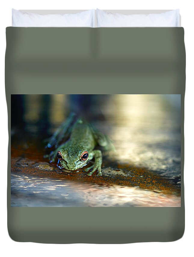 Frog Duvet Cover featuring the photograph At Swim One Frog by Laura Fasulo
