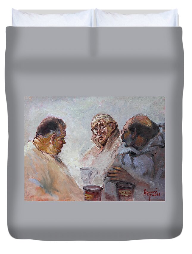 At Tim Hortons Duvet Cover featuring the painting At Tim Hortons by Ylli Haruni