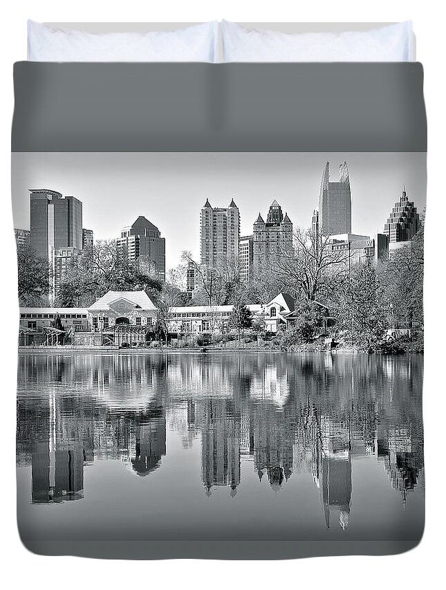 Atlanta Duvet Cover featuring the photograph Atlanta Reflecting in Black and White by Frozen in Time Fine Art Photography