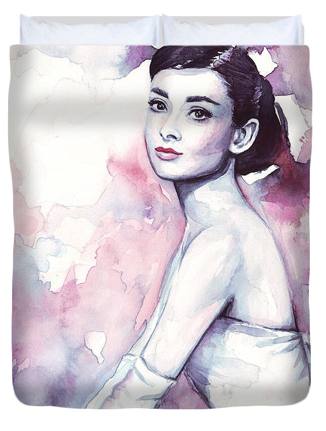 Fashion Watercolor Duvet Cover featuring the painting Audrey Hepburn Portrait by Olga Shvartsur