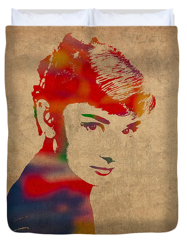 Audrey Hepburn Actress Watercolor Portrait On Worn Distressed Canvas Duvet Cover featuring the mixed media Audrey Hepburn Watercolor Portrait on Worn Distressed Canvas by Design Turnpike