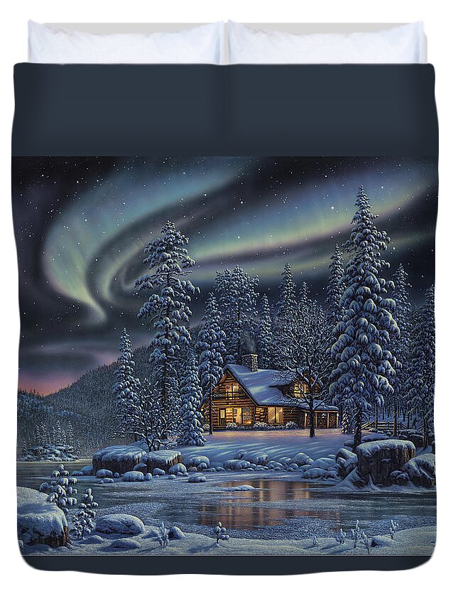 Winter Duvet Cover featuring the painting Aurora Bliss by Kim Norlien