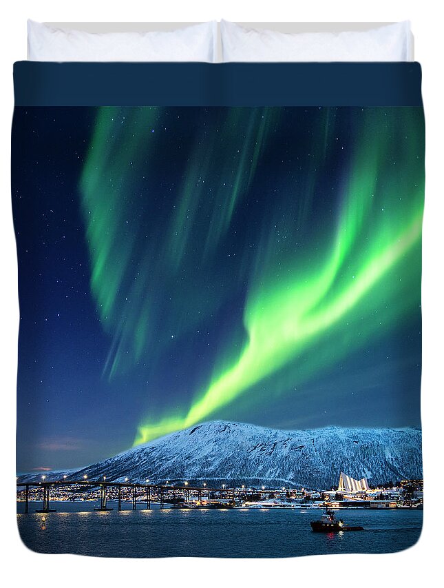 Scenics Duvet Cover featuring the photograph Aurora Borealis Over Tromso Port by Mike Hill