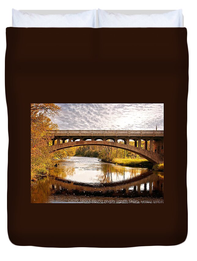 Autumn Bridge Duvet Cover featuring the photograph Autumn Bridge Landscape by Gwen Gibson