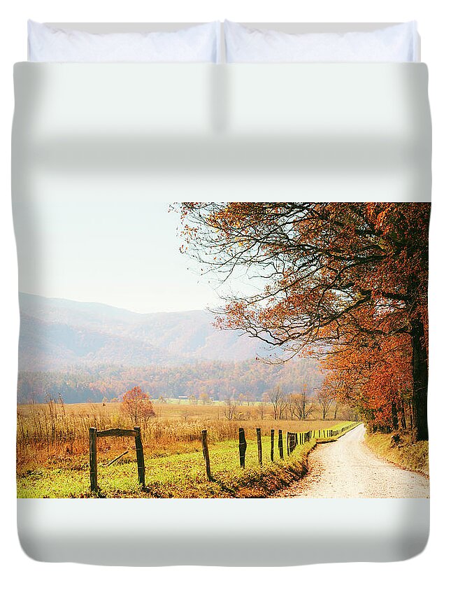 Scenics Duvet Cover featuring the photograph Autumn Country Road In The Forest by Moreiso