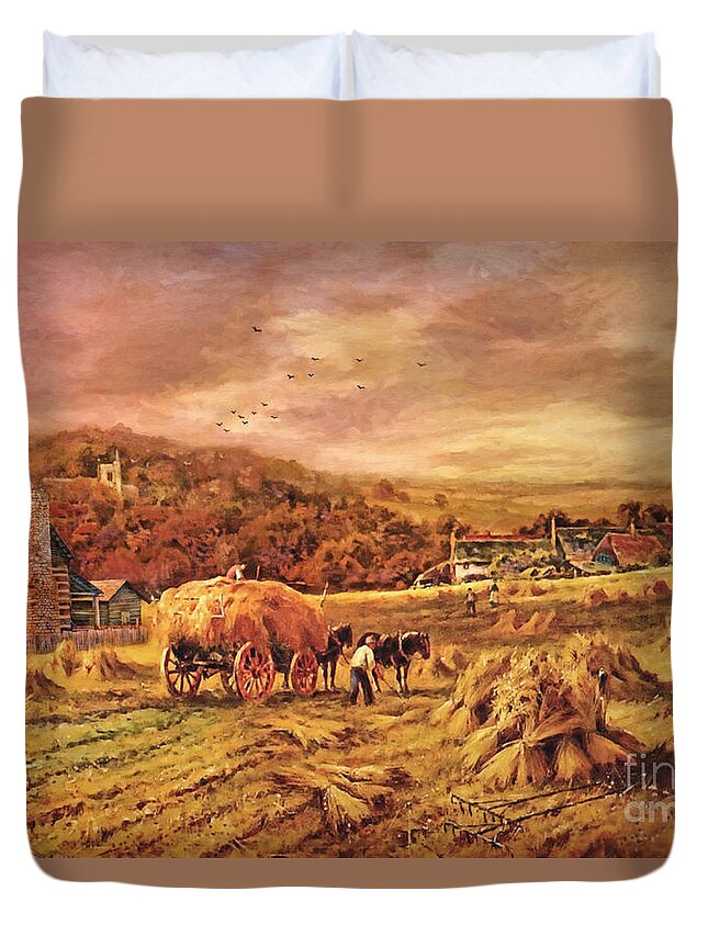 Folk Art Duvet Cover featuring the digital art Autumn Folk Art - Haying Time by Lianne Schneider