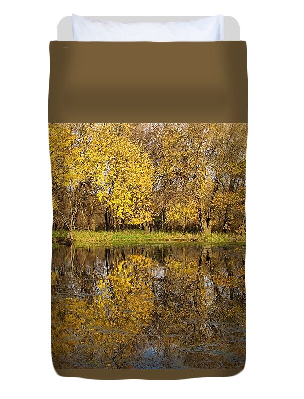 Trees Duvet Cover featuring the photograph Autumn Gold Reflections by Lori Frisch