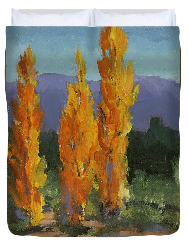 Rocky Mountains Duvet Cover featuring the painting Walking the Wash In Sante Fe by Maria Hunt