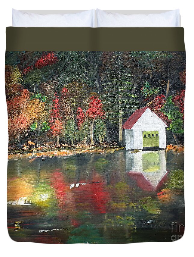 Happy Little Trees Duvet Cover featuring the painting Autumn - Lake - Reflecton by Jan Dappen