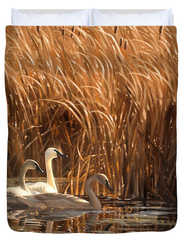 Swans Duvet Cover featuring the digital art Autumn Light- Trumpeter Swans by Aaron Blaise
