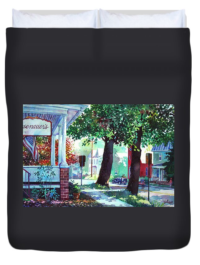 Watercolor Duvet Cover featuring the painting Autumn on East Main by Mick Williams