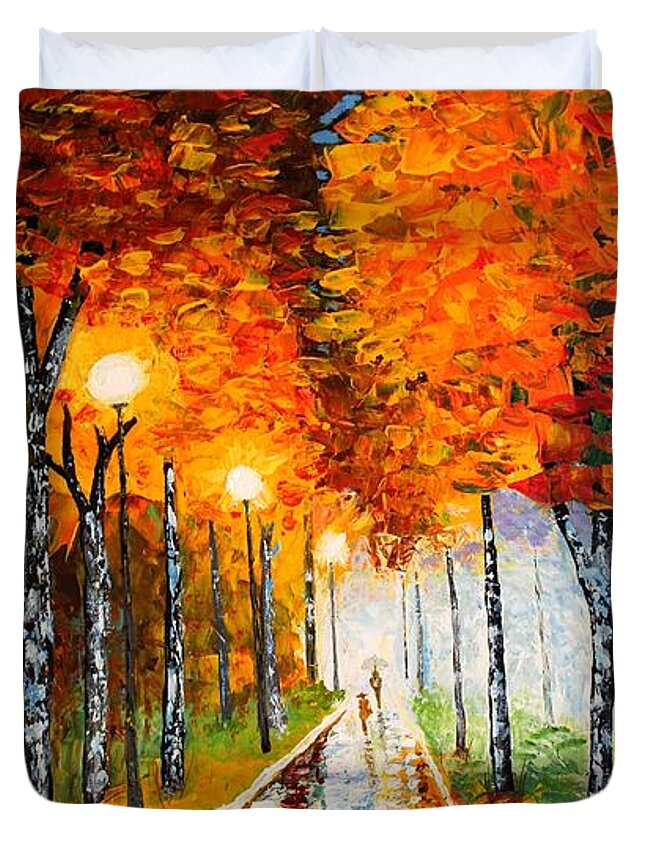 Autumn Duvet Cover featuring the painting Autumn Park Night Lights palette knife by Georgeta Blanaru