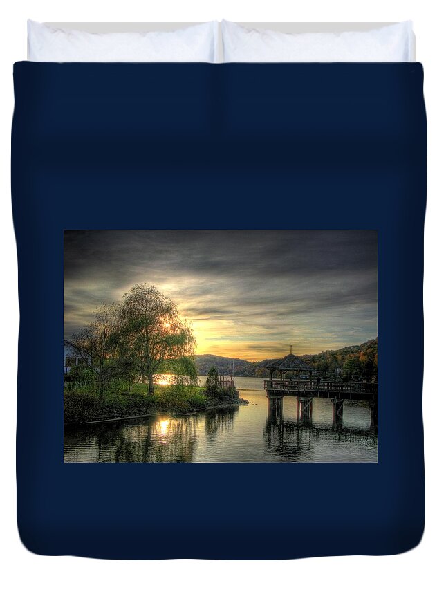 Photography Autumn Nature Sunset Landscape Water Serene Serenity Tranquil Tranquillity Relaxing Relaxation Outdoors Trees Pier Bridge Sun Reflection Sky Clouds North Hatley Quebec Canada Lake Massawippi Duvet Cover featuring the photograph Autumn Sunset by Nicola Nobile