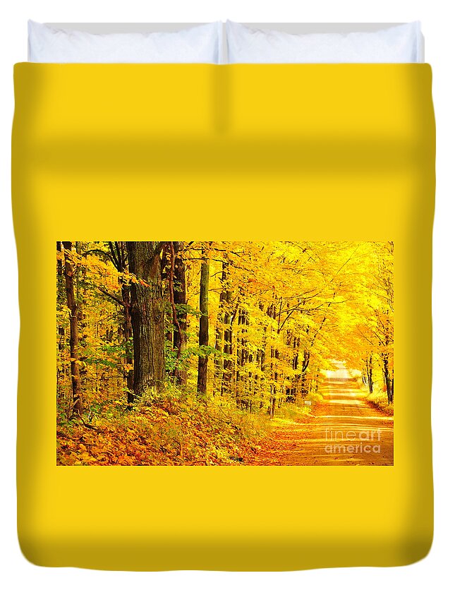 Autumn Duvet Cover featuring the photograph Golden Tunnel in Autumn by Terri Gostola