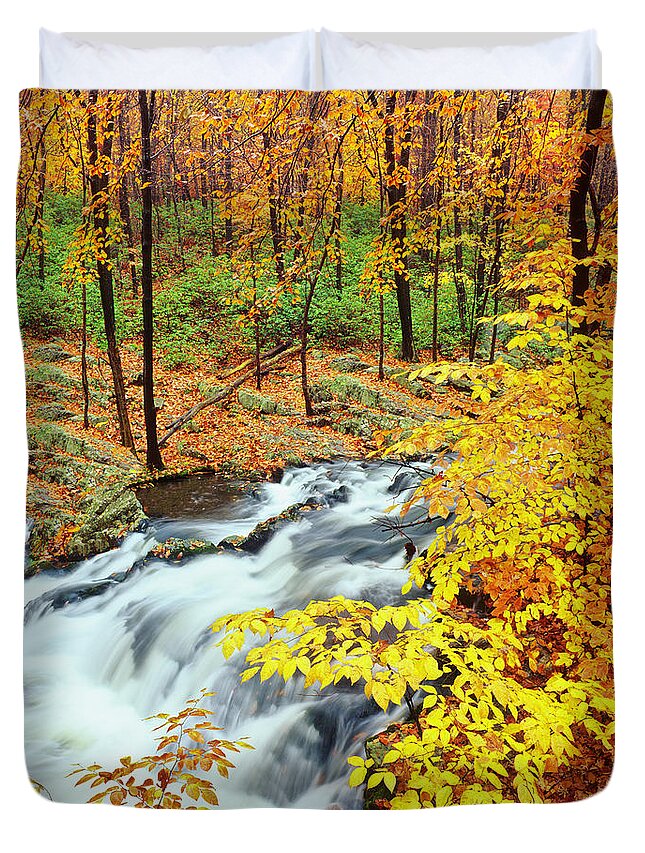 Water's Edge Duvet Cover featuring the photograph Autumn Waterfall In New York by Ron thomas
