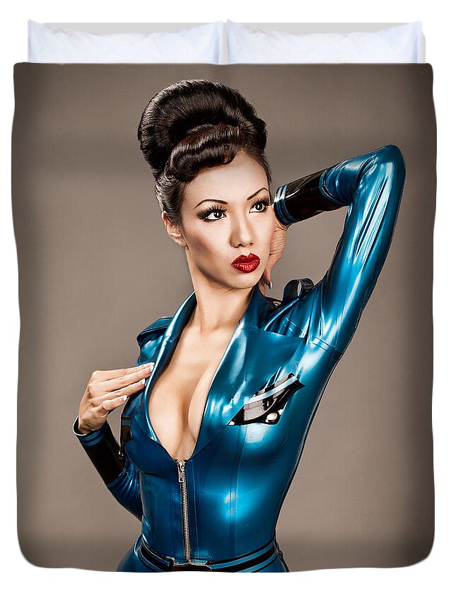 Erotic Duvet Cover featuring the photograph Aviator Vixen 1176 - Science Fiction Pinup girl by Gary Heller