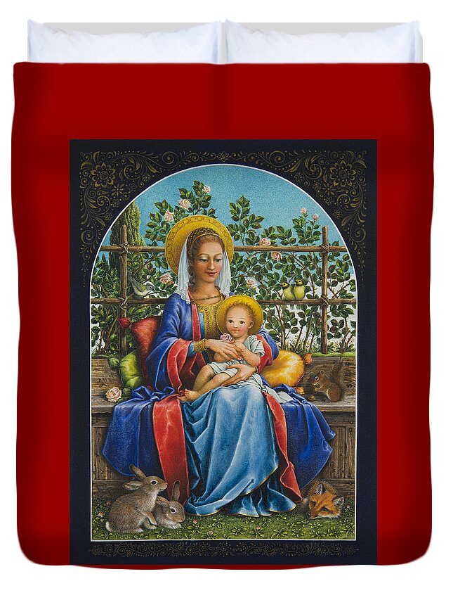 Virgin Mary Duvet Cover featuring the painting Baby Jesus in the Garden by Lynn Bywaters