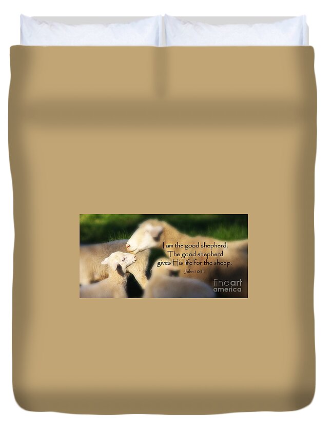 Sheep Duvet Cover featuring the photograph Baby Lamb with Scripture by Jill Lang