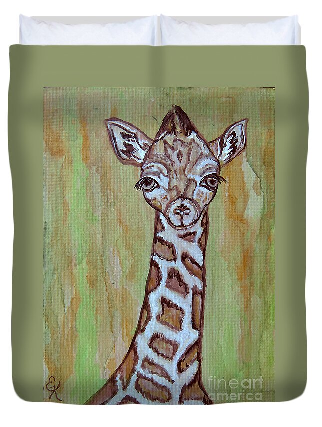 Baby Duvet Cover featuring the painting Baby Longneck Giraffe by Ella Kaye Dickey