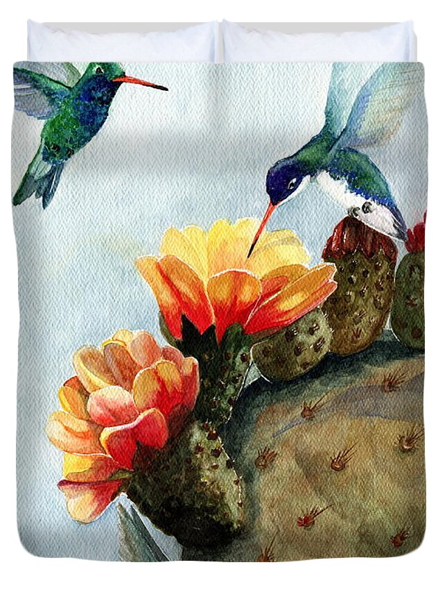 Hummingbirds Duvet Cover featuring the painting Baby Makes Three by Marilyn Smith