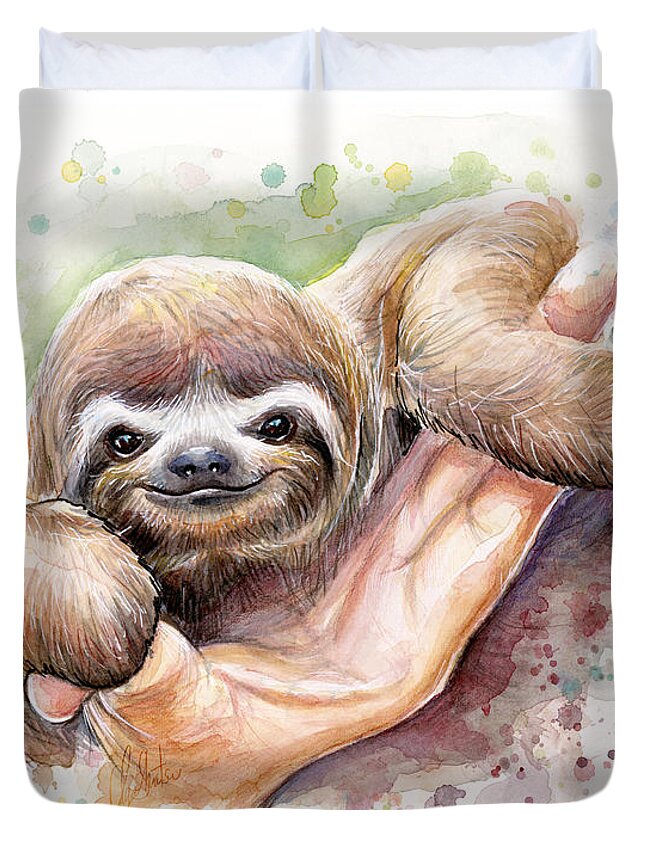 Sloth Duvet Cover featuring the painting Baby Sloth Watercolor by Olga Shvartsur