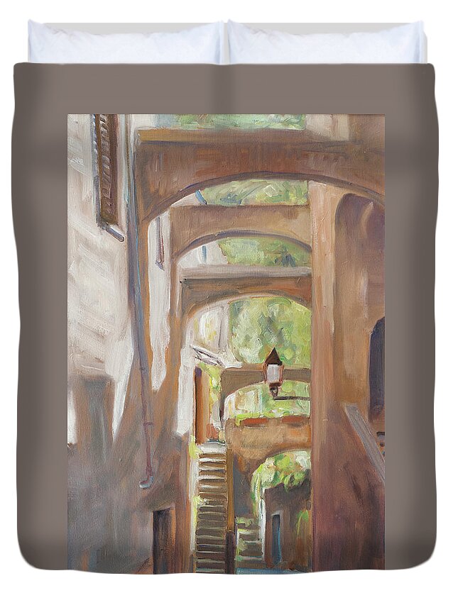Italy Back Alley Narrow Street Light Summer Green Liguria Old House Traditional Village Sun Sunny Bright Duvet Cover featuring the painting Back alley by Marco Busoni