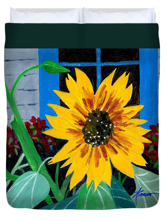 Sunflowers Duvet Cover featuring the painting Backyard Flowers by Adele Bower