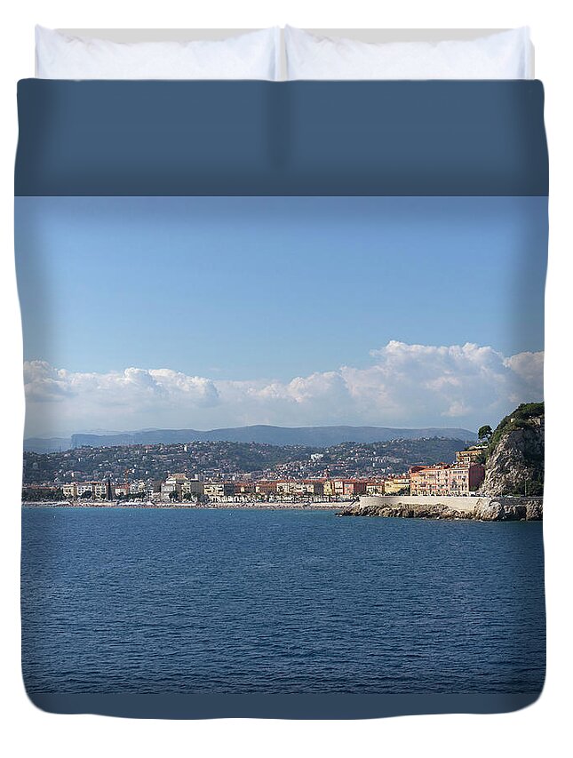 Scenics Duvet Cover featuring the photograph Baie Des Anges Coastline From Sea, Nice by Sami Sarkis