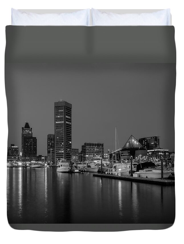 Baltimore Inner Harbor Duvet Cover featuring the photograph Baltimore Inner Harbor Skyline Reflections BW by Susan Candelario