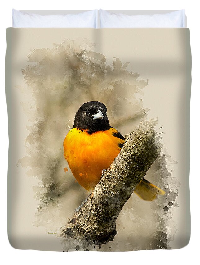 Baltimore Oriole Duvet Cover featuring the mixed media Baltimore Oriole Watercolor Art by Christina Rollo