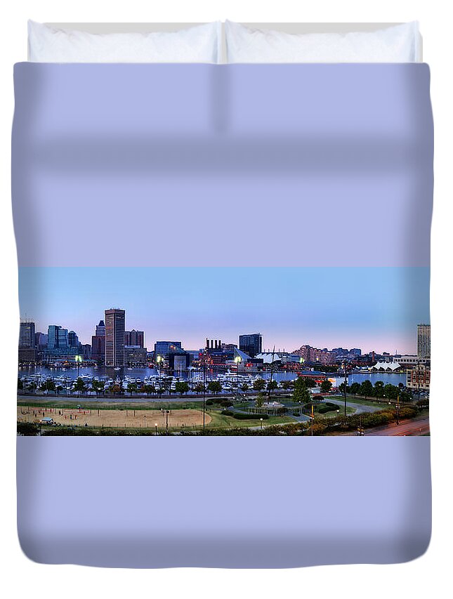 Baltimore Skyline Duvet Cover featuring the photograph Baltimore Skyline Panorama At Twilight by Susan Candelario