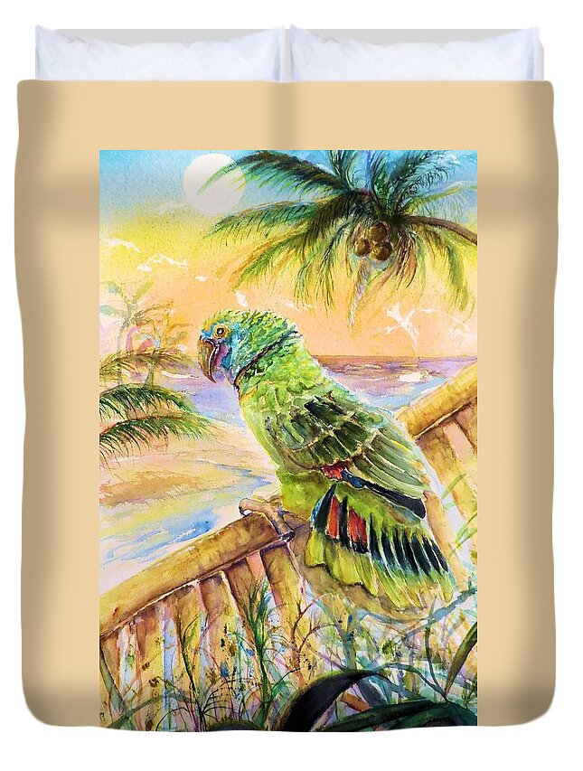 Banana Tree Duvet Cover featuring the painting Banana Tree and Tropical Bird by Bernadette Krupa