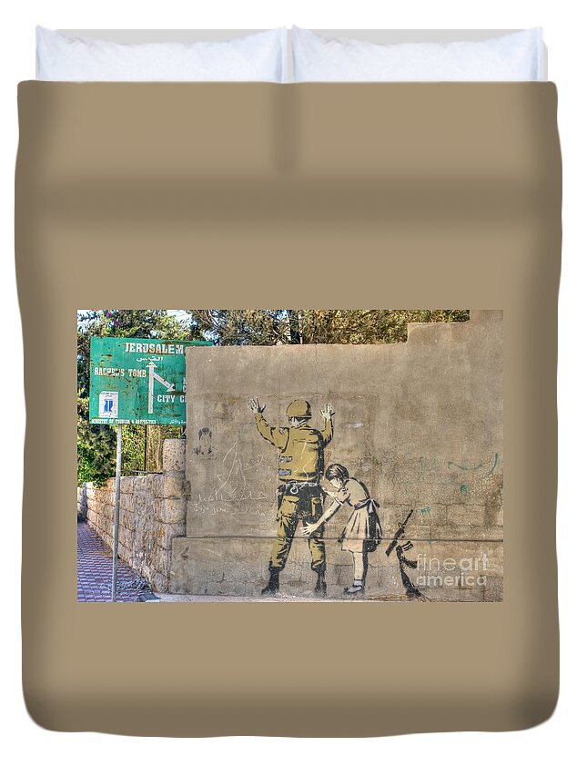 Banksy Duvet Cover featuring the photograph Banksy in Bethlehem 2 by David Birchall