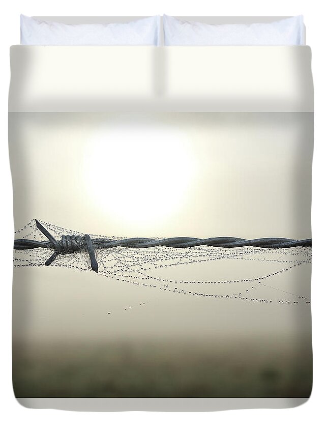 Wire Duvet Cover featuring the photograph Barb Wire With Web And Dew by Aaron Foster
