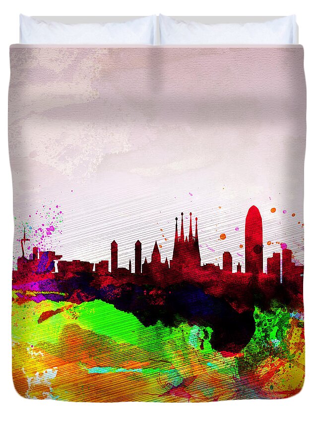 Barcelona Duvet Cover featuring the painting Barcelona Watercolor Skyline by Naxart Studio