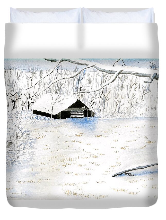 Barn Duvet Cover featuring the painting Barn in a Field by David Bartsch
