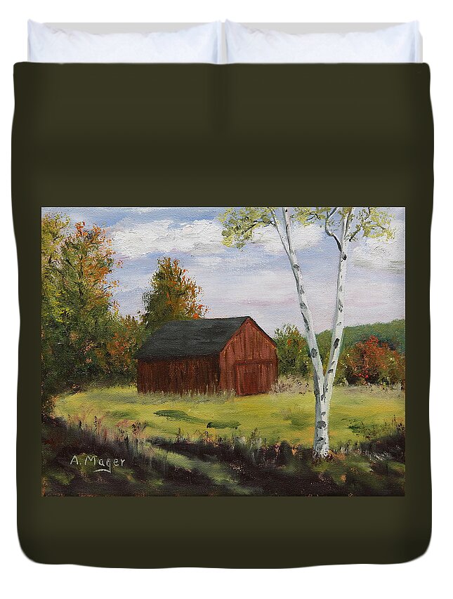 Painting Duvet Cover featuring the painting Barn with Lone Birch by Alan Mager