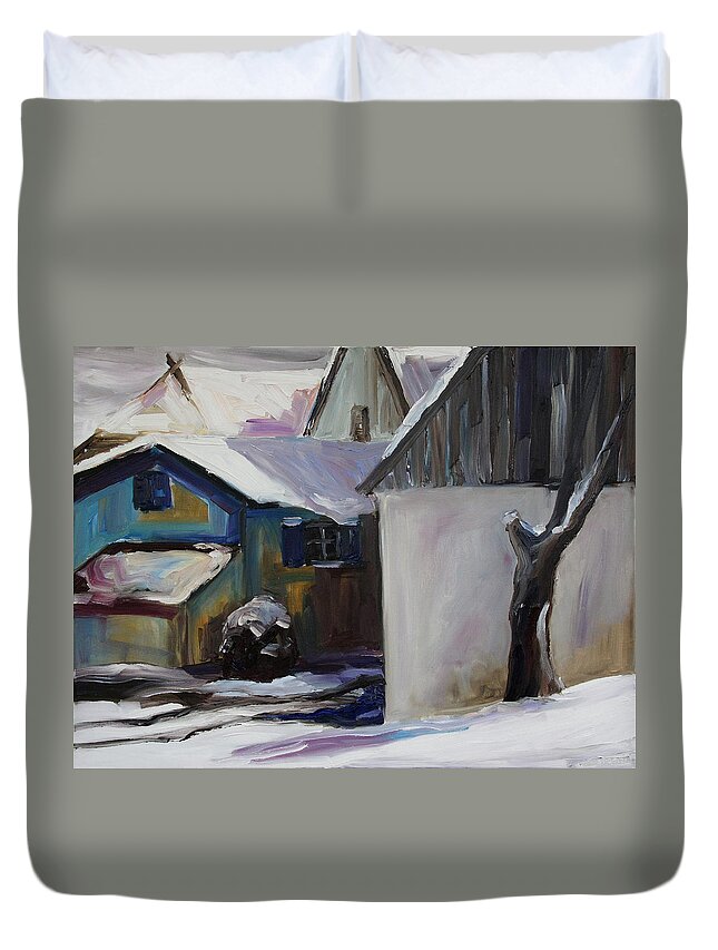 Winter Duvet Cover featuring the painting Barnstable With Blue Shutters In Winter by Barbara Pommerenke