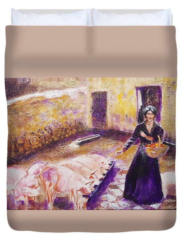 Barnyard Breakfast...chickens And Pigs Duvet Cover featuring the painting Barnyard Breakfast...chickens and pigs by Seth Weaver