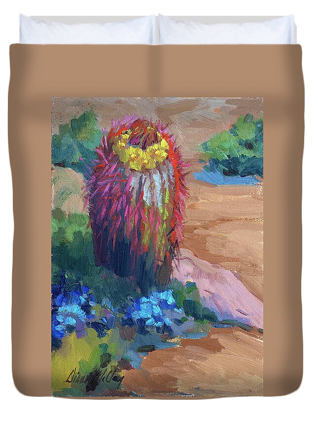 Barrel Cactus Duvet Cover featuring the painting Barrel Cactus In Bloom by Diane McClary