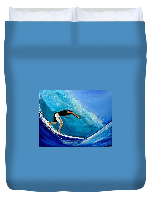 Ocean Duvet Cover featuring the painting Barrel Surfer Ocean Wave by Katy Hawk