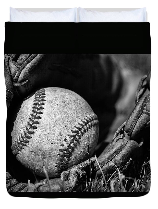 Stitches Duvet Cover featuring the photograph Baseball Gear by Karol Livote