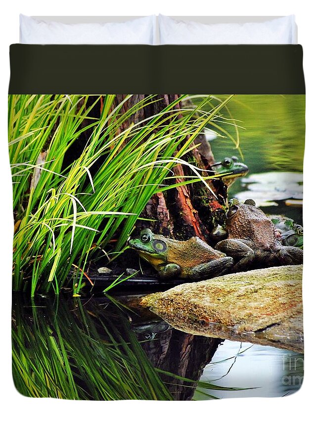 Colorful Duvet Cover featuring the photograph Basking Bullfrogs by Angela Murray