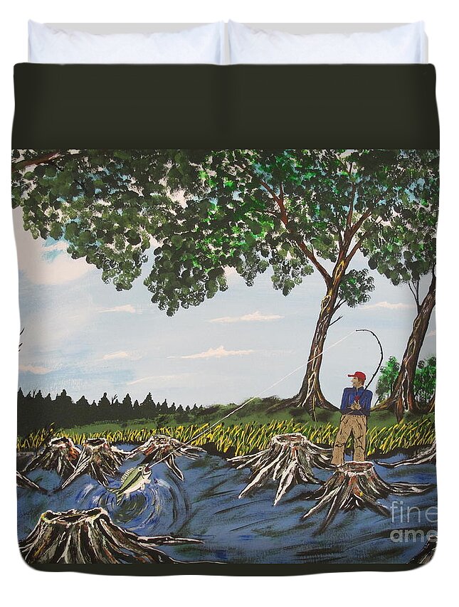  Duvet Cover featuring the painting Bass Fishing In The Stumps by Jeffrey Koss