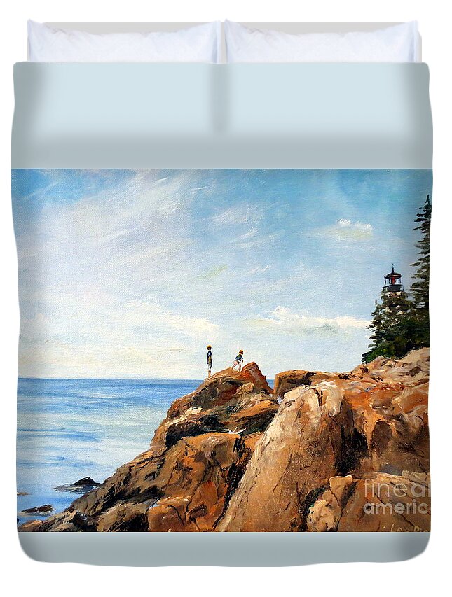 Ocean Duvet Cover featuring the painting Bass Harbor Rocks by Lee Piper
