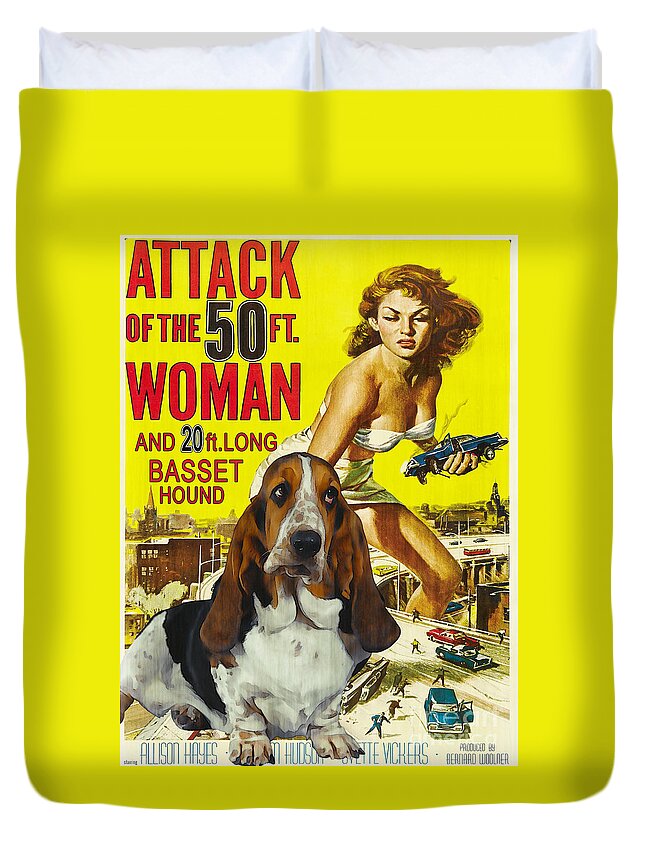 Basset Hound Duvet Cover featuring the painting Basset Hound Art Canvas Print - Attack of the 50ft woman Movie Poster by Sandra Sij